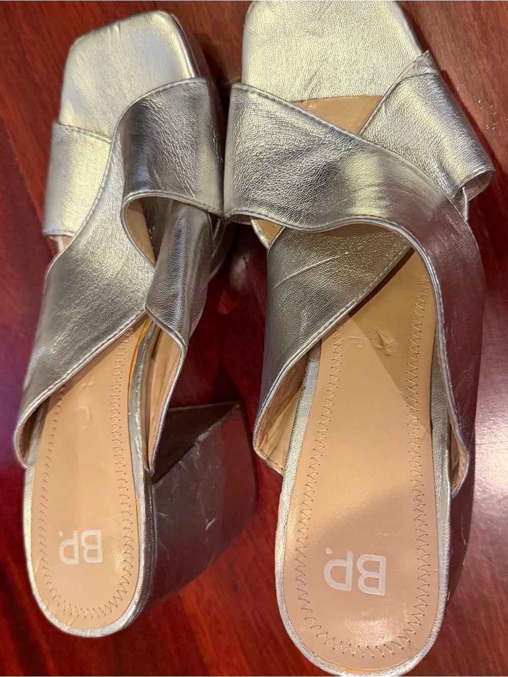 bp Silver Metallic Crisscross Mule Heels